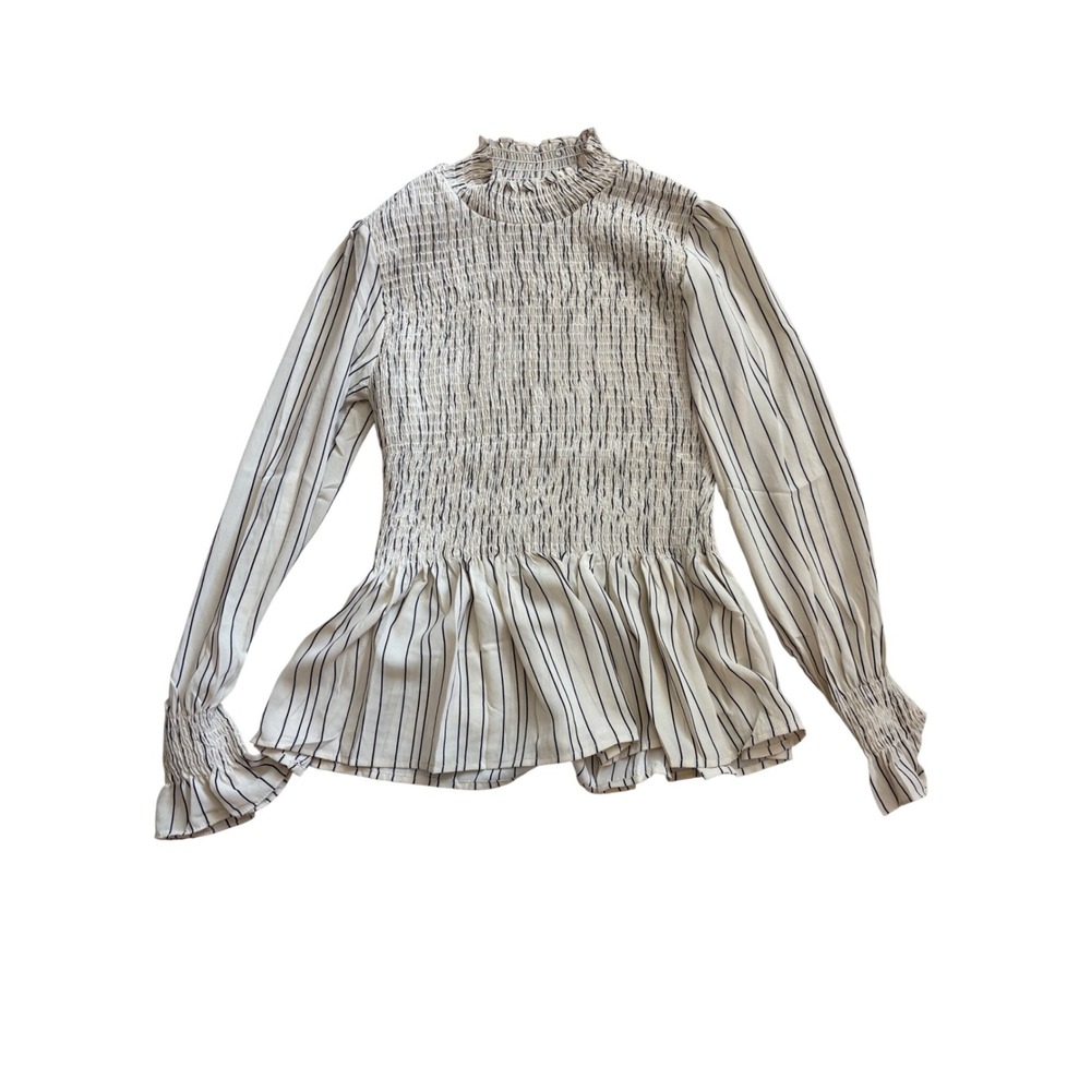Flawless Smocked Peplum Blouse Womens‎ Small Cream Black Striped Victorian Chic